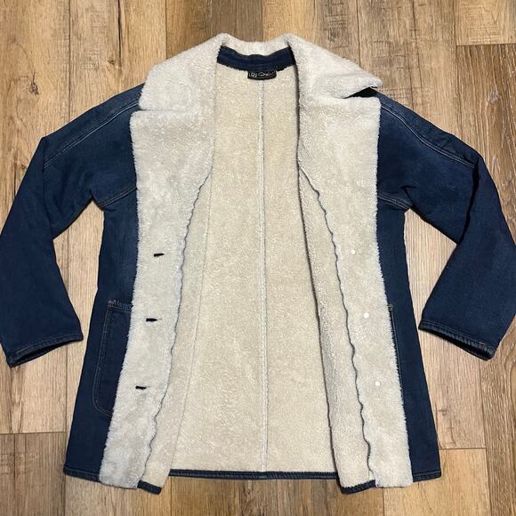DG2 Diane Gilman Vtg Style Denim Sherpa Coat Size L P Indigo Blue 70s Trucker - Picture 4 of 8